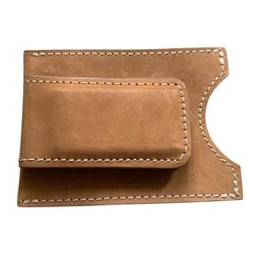 Tan & White Contrast Stitch Genuine Nubuck Leather Card Holder Money Clip